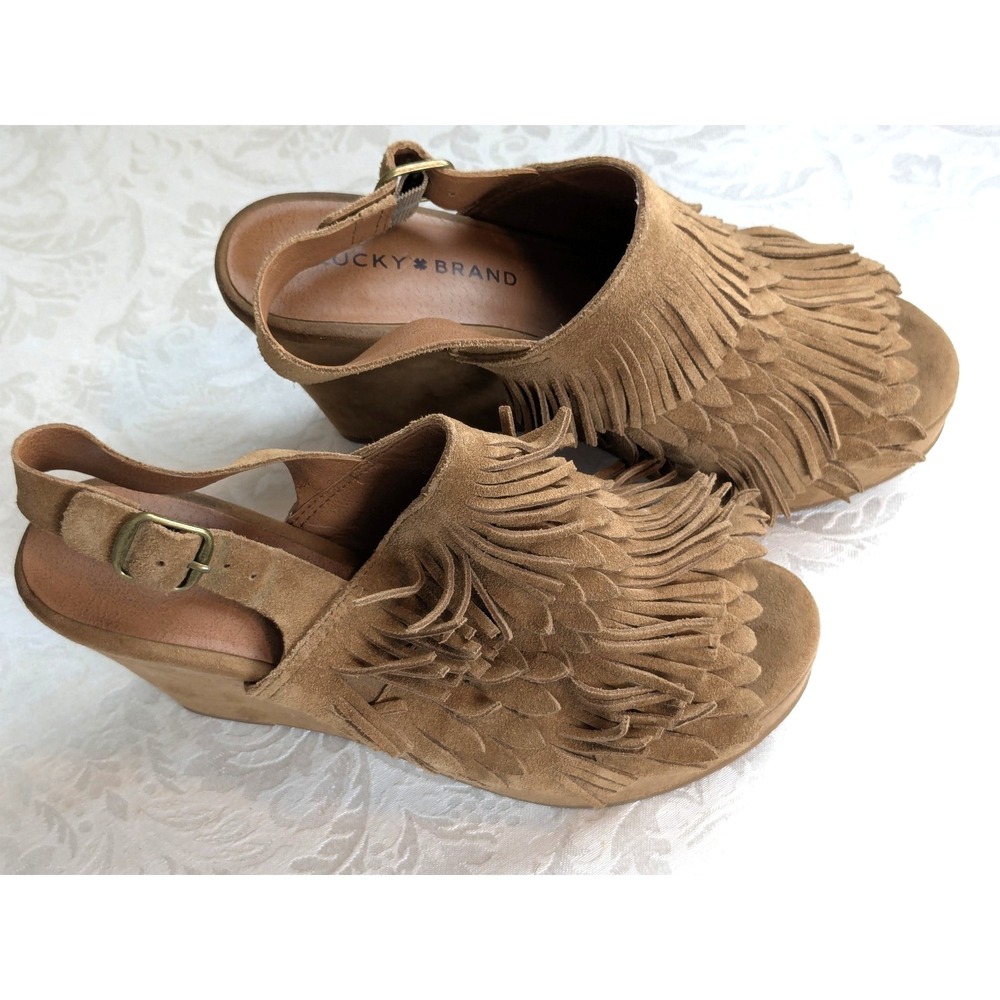 Lucky Brand Tan Suede Wedge Fringe Slingback Boho Festival Platform Shoes 7M - Picture 2 of 9